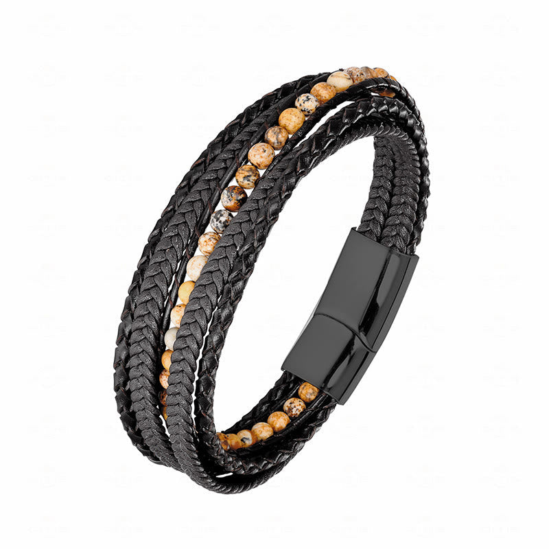 Wear FengShui Hematite Indian Agate Tiger Eye Amazonite Beaded Leather Strengthen Bracelet