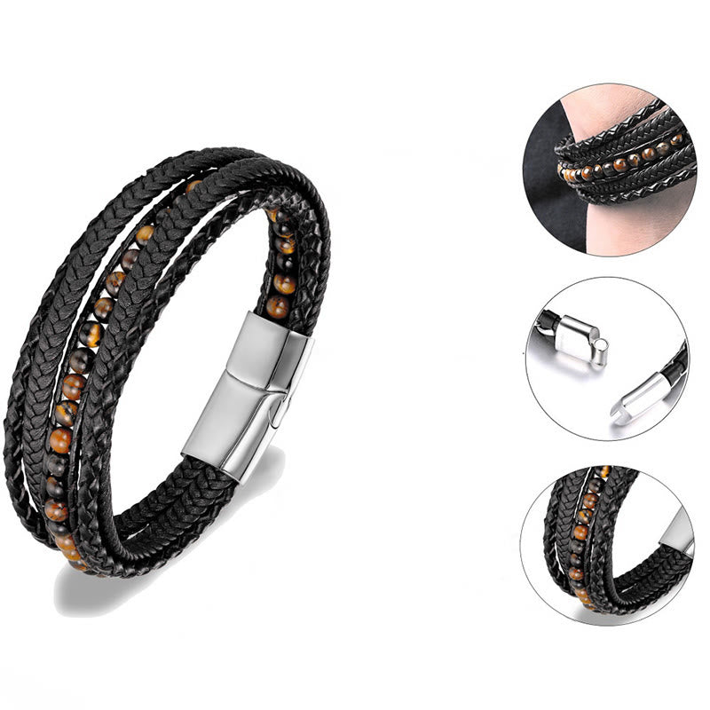 Wear FengShui Hematite Indian Agate Tiger Eye Amazonite Beaded Leather Strengthen Bracelet