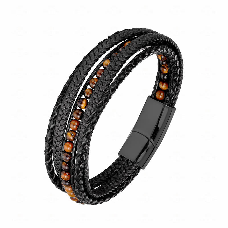 Wear FengShui Hematite Indian Agate Tiger Eye Amazonite Beaded Leather Strengthen Bracelet