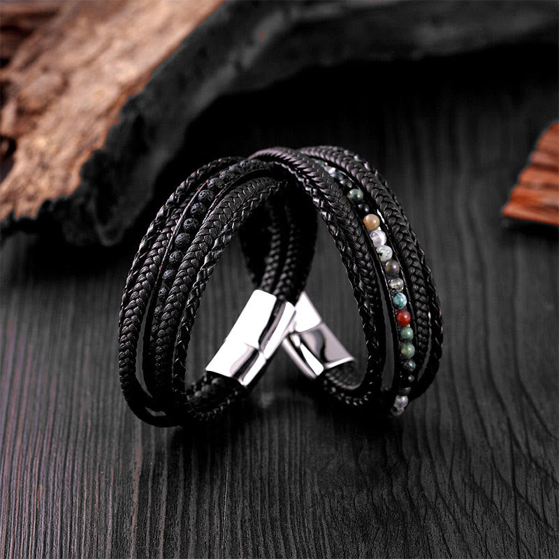 Wear FengShui Hematite Indian Agate Tiger Eye Amazonite Beaded Leather Strengthen Bracelet