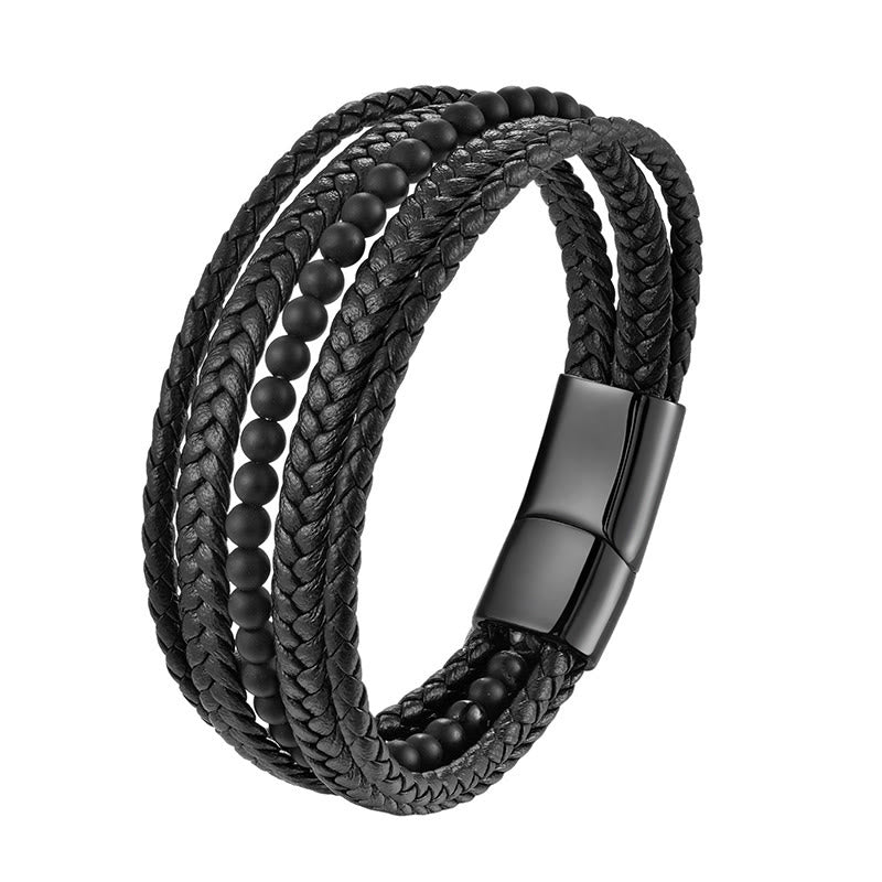 Wear FengShui Matte Frosting Black Onyx Leather Fortune Multilayered Braided Bracelet