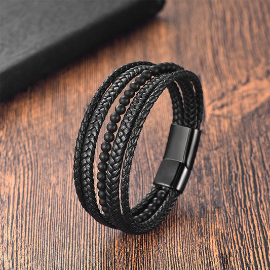 Wear FengShui Matte Frosting Black Onyx Leather Fortune Multilayered Braided Bracelet