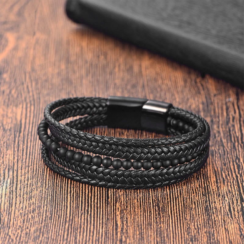 Wear FengShui Matte Frosting Black Onyx Leather Fortune Multilayered Braided Bracelet