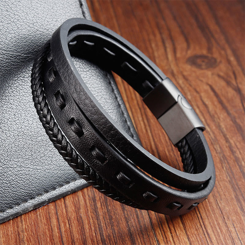 Wear FengShui Titanium Steel Buckle Multilayered Braided Leather Calm Bracelet