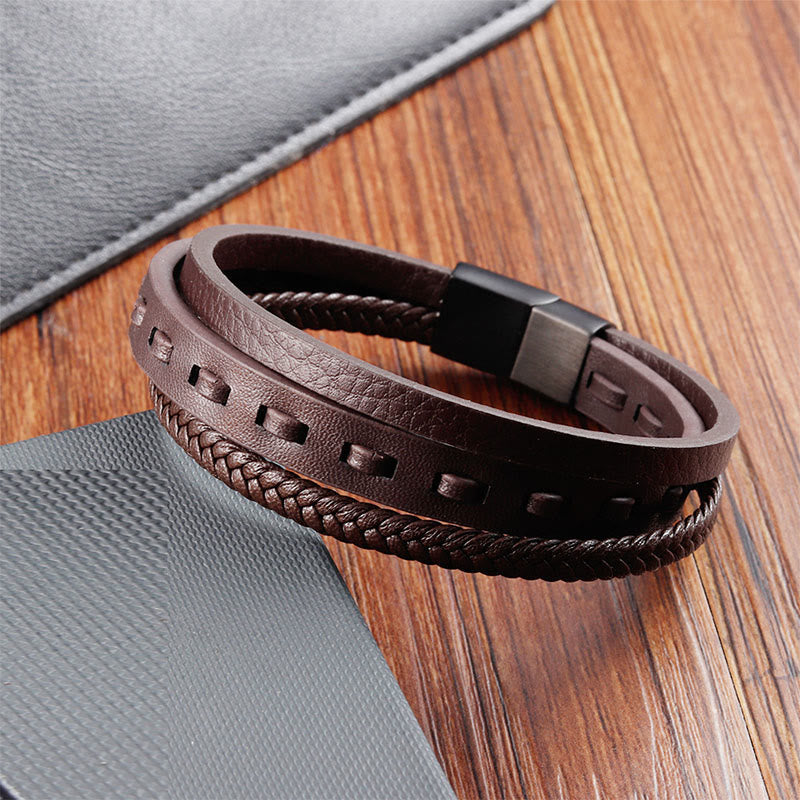 Wear FengShui Titanium Steel Buckle Multilayered Braided Leather Calm Bracelet