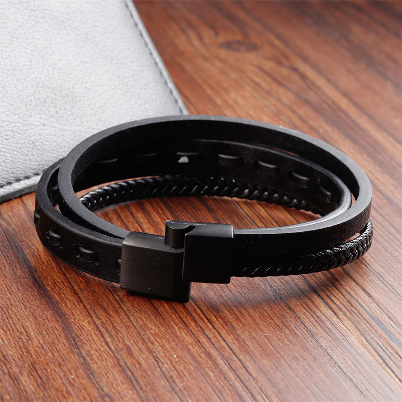 Wear FengShui Titanium Steel Buckle Multilayered Braided Leather Calm Bracelet
