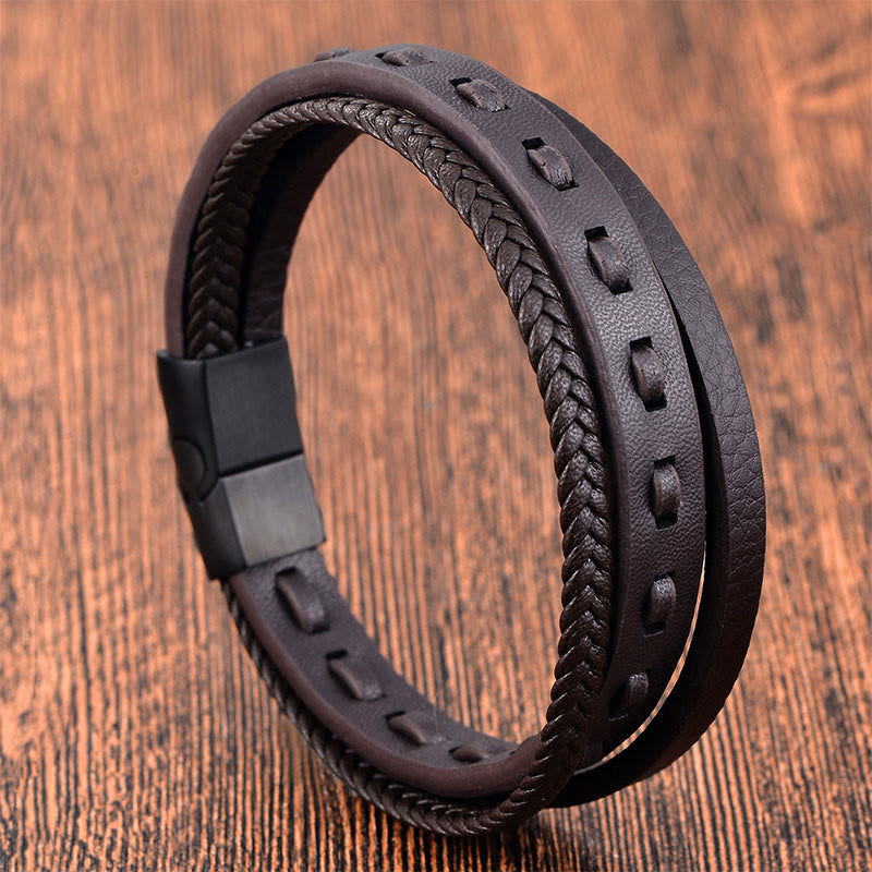 Wear FengShui Titanium Steel Buckle Multilayered Braided Leather Calm Bracelet