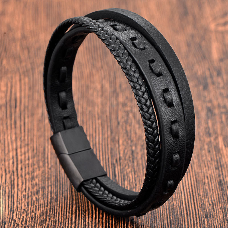 Wear FengShui Titanium Steel Buckle Multilayered Braided Leather Calm Bracelet