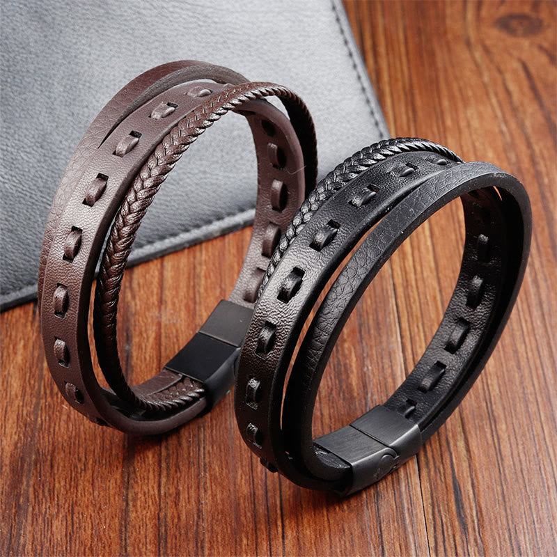 Wear FengShui Titanium Steel Buckle Multilayered Braided Leather Calm Bracelet