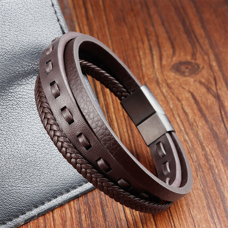 Wear FengShui Titanium Steel Buckle Multilayered Braided Leather Calm Bracelet