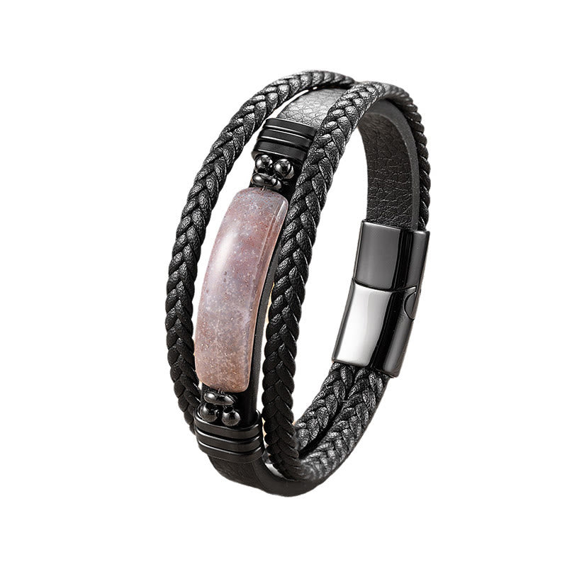 Wear FengShui Hematite Lazurite Lapis Lazuli Black Glitter Stone Pink Crystal Titanium Steel Leather Strengthen Bracelet