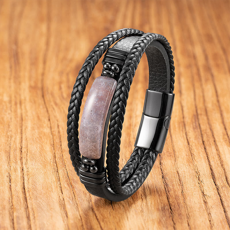 Wear FengShui Hematite Lazurite Lapis Lazuli Black Glitter Stone Pink Crystal Titanium Steel Leather Strengthen Bracelet