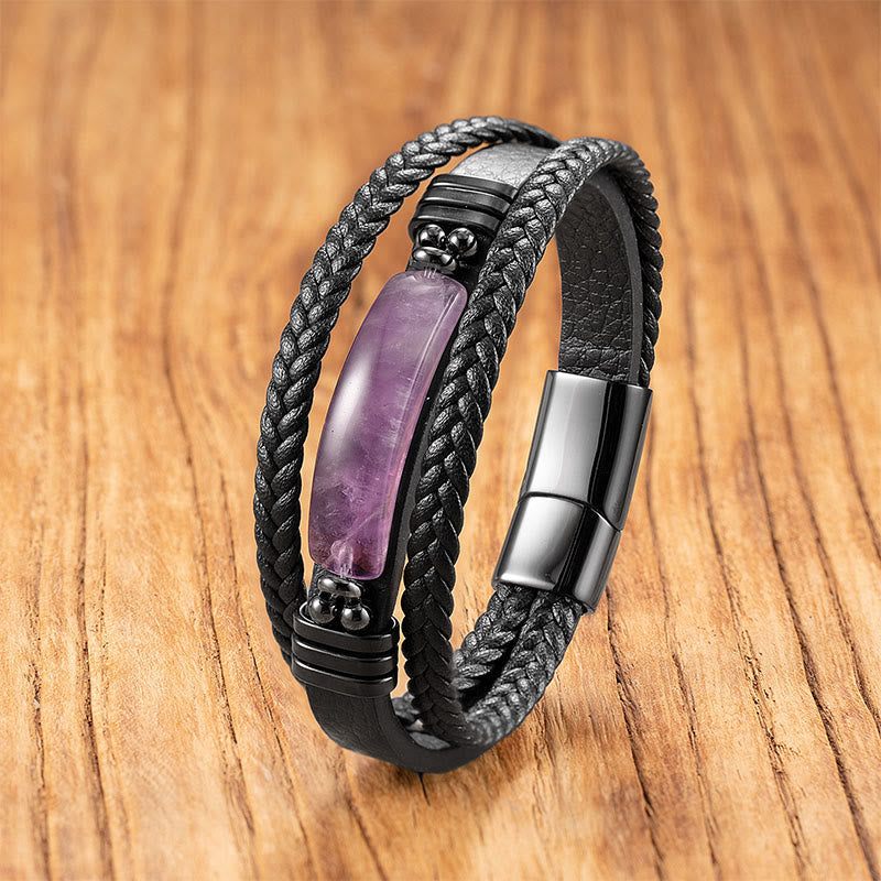 Wear FengShui Hematite Lazurite Lapis Lazuli Black Glitter Stone Pink Crystal Titanium Steel Leather Strengthen Bracelet