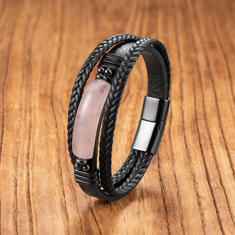 Wear FengShui Hematite Lazurite Lapis Lazuli Black Glitter Stone Pink Crystal Titanium Steel Leather Strengthen Bracelet