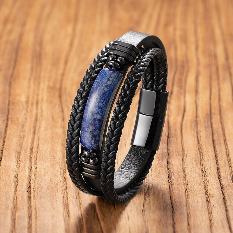 Wear FengShui Hematite Lazurite Lapis Lazuli Black Glitter Stone Pink Crystal Titanium Steel Leather Strengthen Bracelet