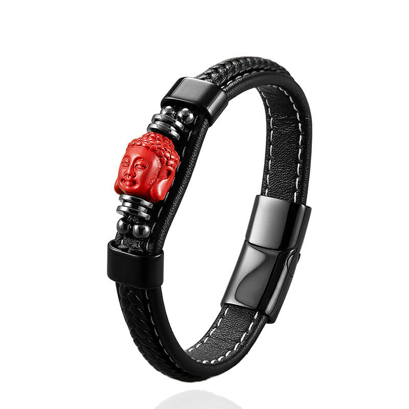 Wear FengShui Cinnabar Buddha Symbol Koi Fish Dragon Fu Character Pi Xiu Design Leather Blessing Bracelet