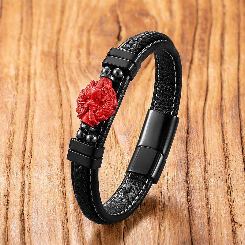 Wear FengShui Cinnabar Buddha Symbol Koi Fish Dragon Fu Character Pi Xiu Design Leather Blessing Bracelet