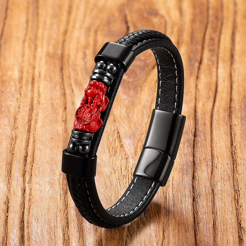 Wear FengShui Cinnabar Buddha Symbol Koi Fish Dragon Fu Character Pi Xiu Design Leather Blessing Bracelet