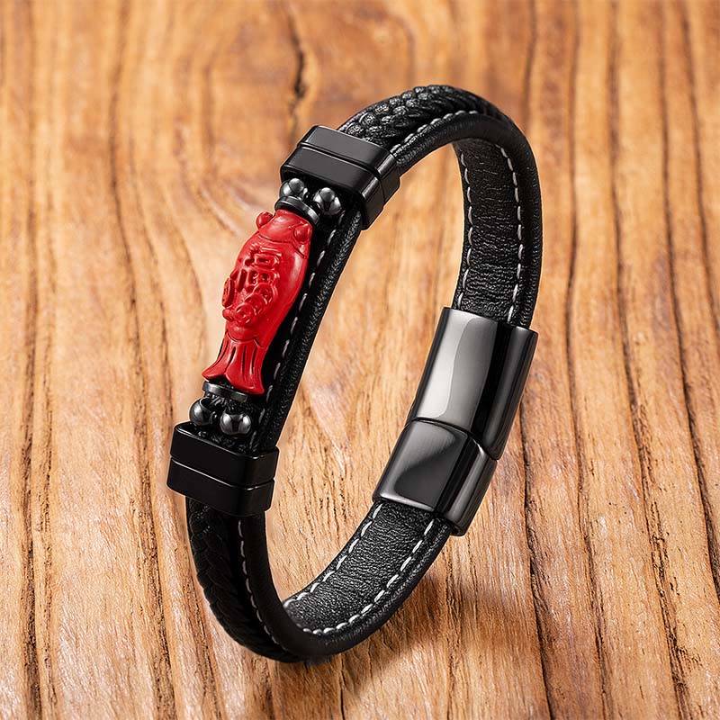 Wear FengShui Cinnabar Buddha Symbol Koi Fish Dragon Fu Character Pi Xiu Design Leather Blessing Bracelet