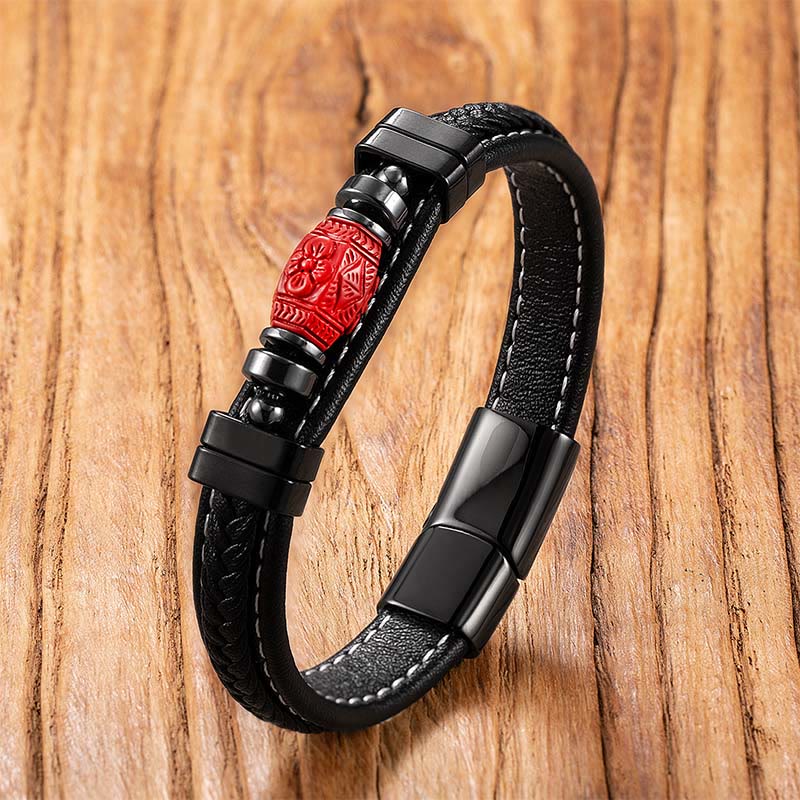 Wear FengShui Cinnabar Buddha Symbol Koi Fish Dragon Fu Character Pi Xiu Design Leather Blessing Bracelet