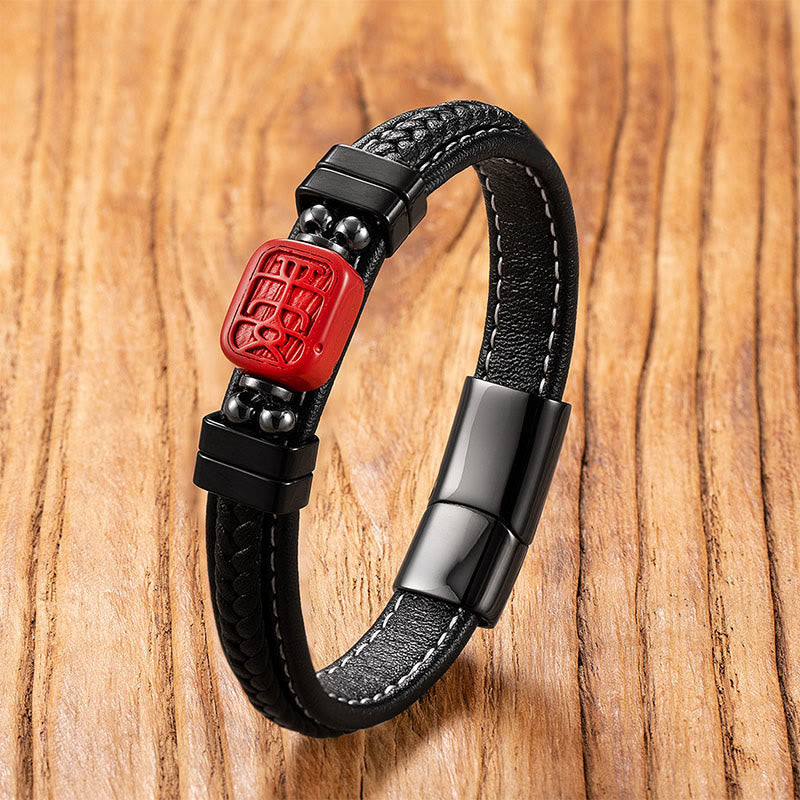 Wear FengShui Cinnabar Buddha Symbol Koi Fish Dragon Fu Character Pi Xiu Design Leather Blessing Bracelet