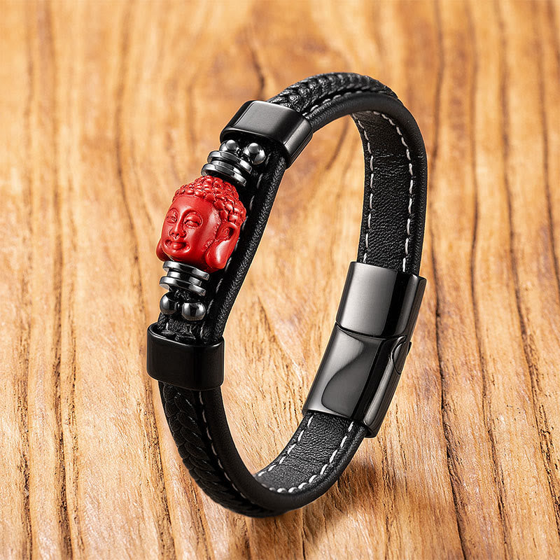 Wear FengShui Cinnabar Buddha Symbol Koi Fish Dragon Fu Character Pi Xiu Design Leather Blessing Bracelet