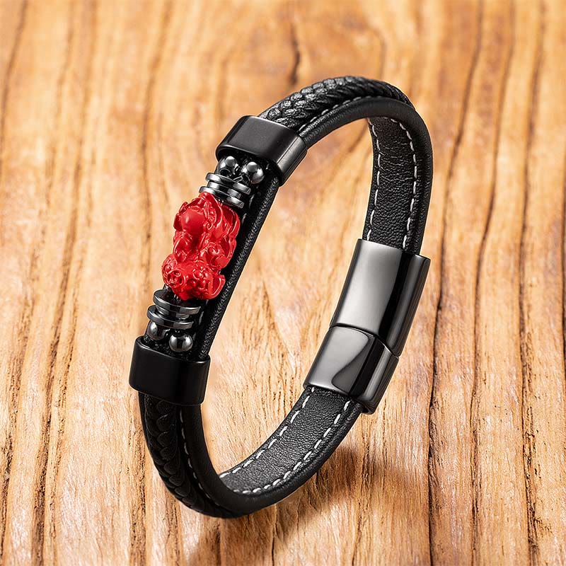 Wear FengShui Cinnabar Buddha Symbol Koi Fish Dragon Fu Character Pi Xiu Design Leather Blessing Bracelet