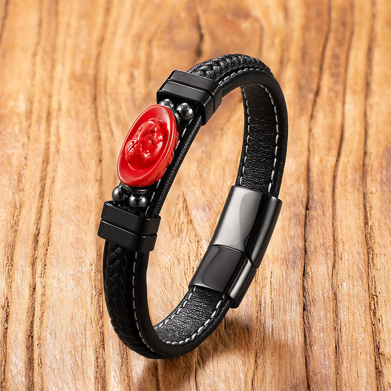 Wear FengShui Cinnabar Buddha Symbol Koi Fish Dragon Fu Character Pi Xiu Design Leather Blessing Bracelet