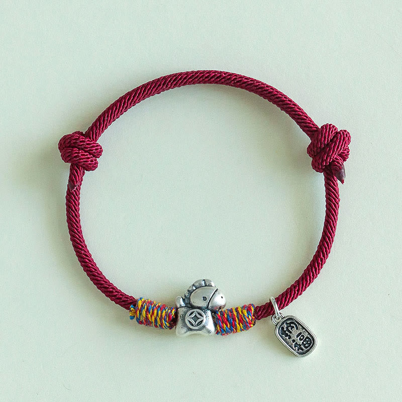 Wear FengShui 999 Sterling Silver Year Of The Horse Fu Character Attract Fortune String Rope Luck Bracelet
