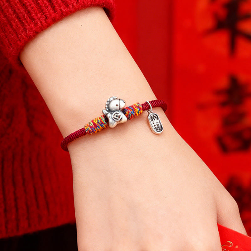 Wear FengShui 999 Sterling Silver Year Of The Horse Fu Character Attract Fortune String Rope Luck Bracelet