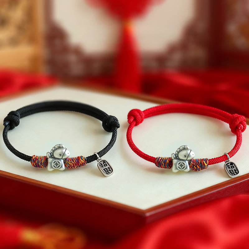 Wear FengShui 999 Sterling Silver Year Of The Horse Fu Character Attract Fortune String Rope Luck Bracelet