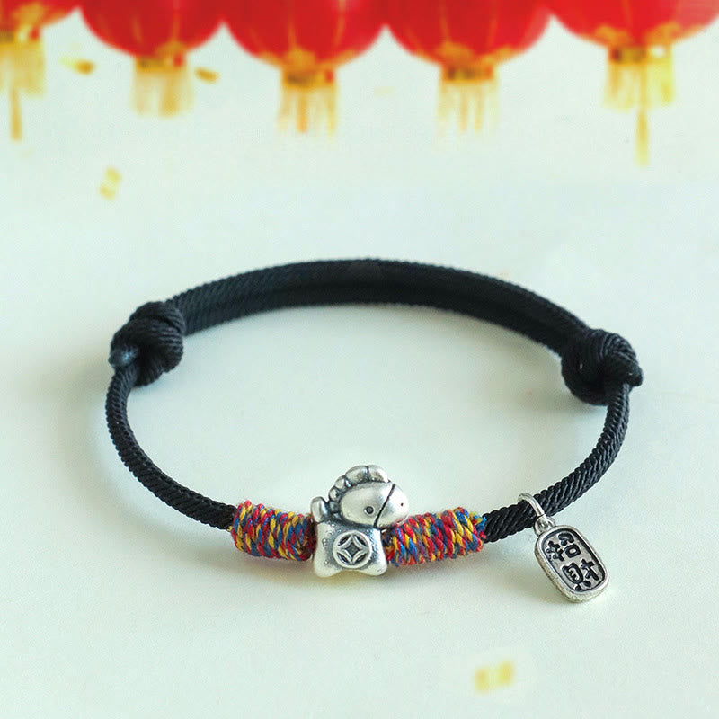 Wear FengShui 999 Sterling Silver Year Of The Horse Fu Character Attract Fortune String Rope Luck Bracelet