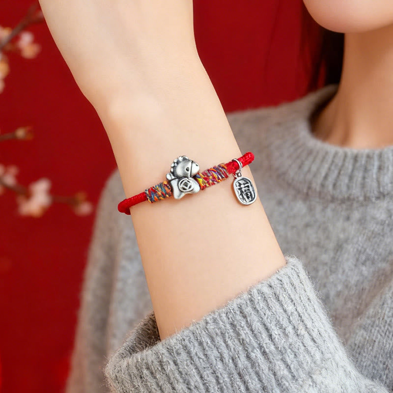 Wear FengShui 999 Sterling Silver Year Of The Horse Fu Character Attract Fortune String Rope Luck Bracelet