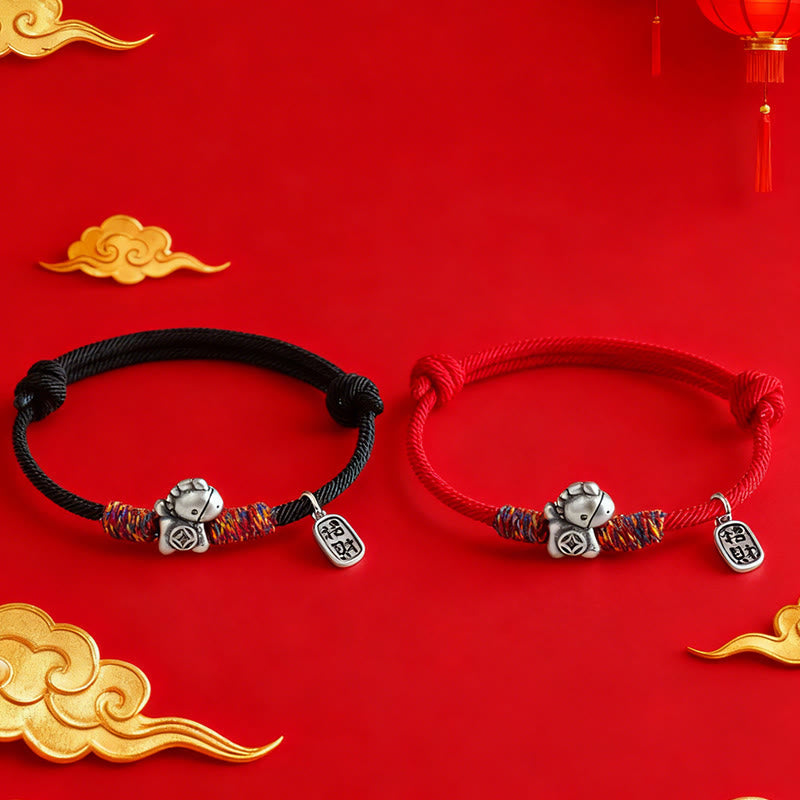 Wear FengShui 999 Sterling Silver Year Of The Horse Fu Character Attract Fortune String Rope Luck Bracelet