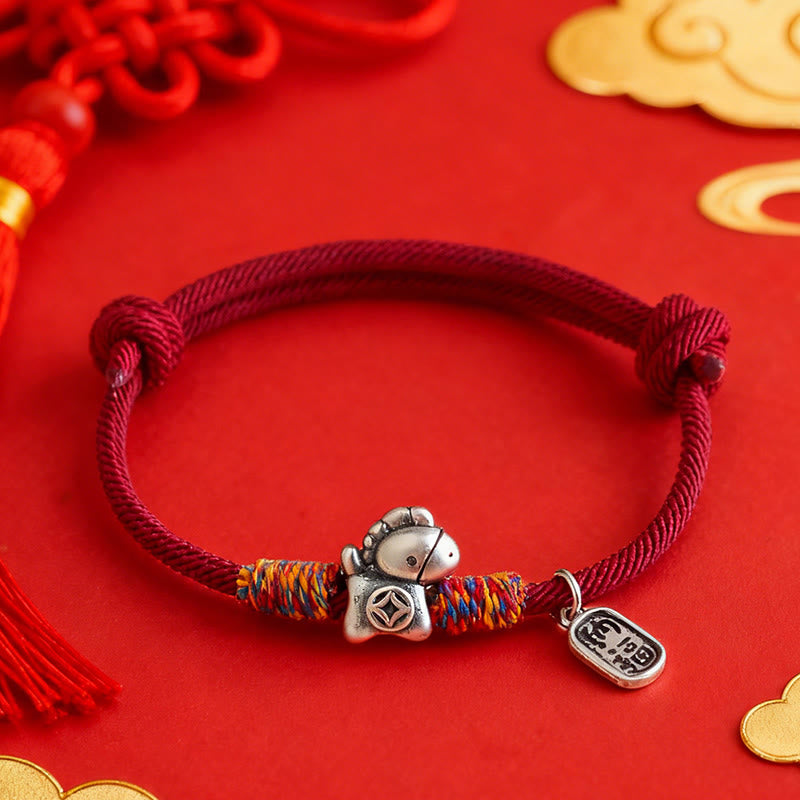 Wear FengShui 999 Sterling Silver Year Of The Horse Fu Character Attract Fortune String Rope Luck Bracelet