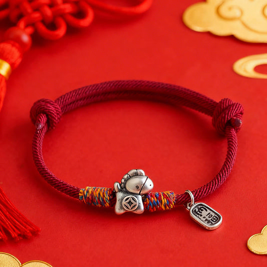 Wear FengShui 999 Sterling Silver Year Of The Horse Fu Character Attract Fortune String Rope Luck Bracelet
