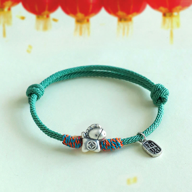 Wear FengShui 999 Sterling Silver Year Of The Horse Fu Character Attract Fortune String Rope Luck Bracelet