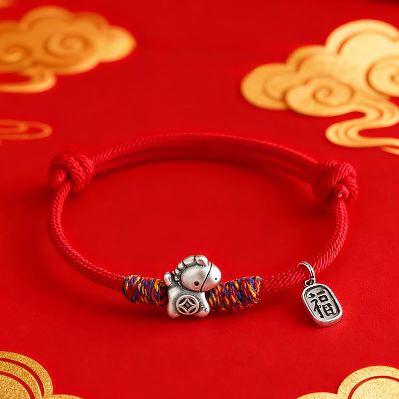 Wear FengShui 999 Sterling Silver Year Of The Horse Fu Character Attract Fortune String Rope Luck Bracelet