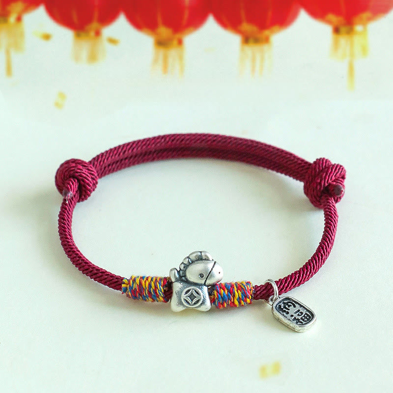 Wear FengShui 999 Sterling Silver Year Of The Horse Fu Character Attract Fortune String Rope Luck Bracelet