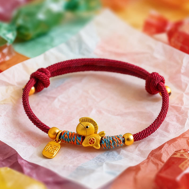 Wear FengShui 999 Sterling Silver Year Of The Horse Fu Character Charm Colorful String Rope Luck Bracelet