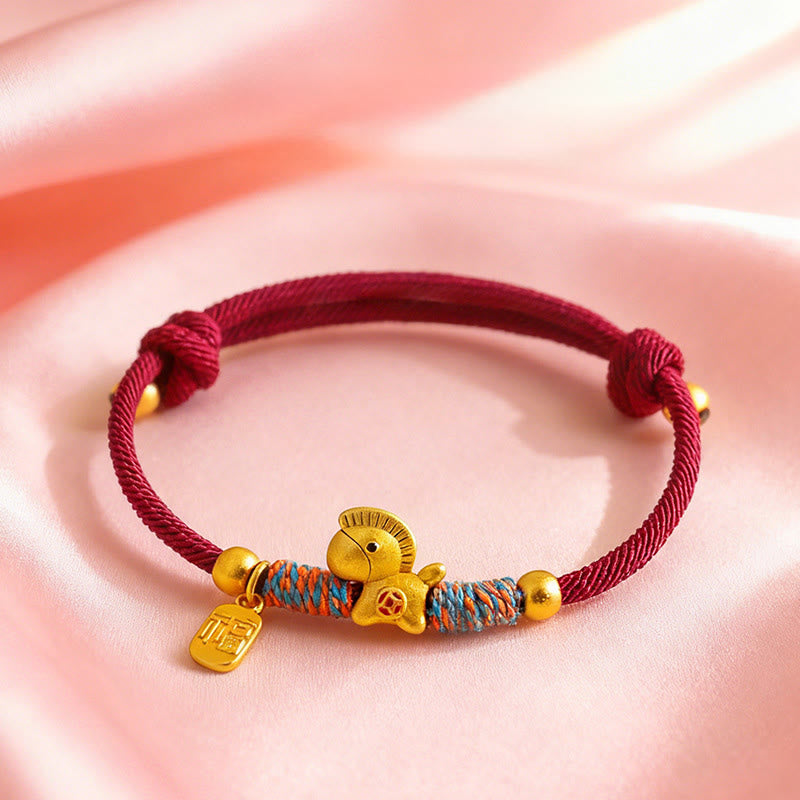 Wear FengShui 999 Sterling Silver Year Of The Horse Fu Character Charm Colorful String Rope Luck Bracelet
