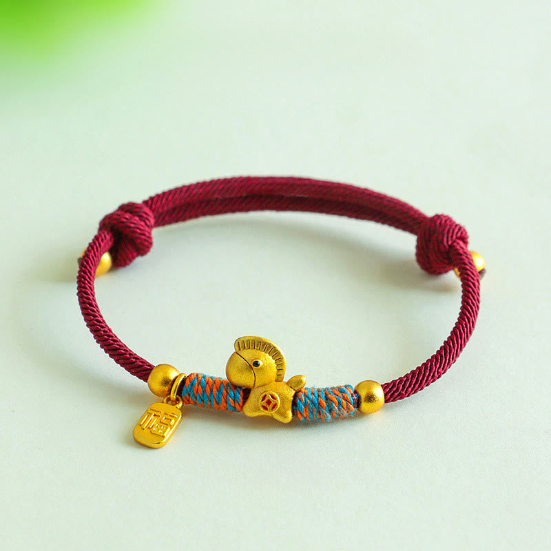 Wear FengShui 999 Sterling Silver Year Of The Horse Fu Character Charm Colorful String Rope Luck Bracelet