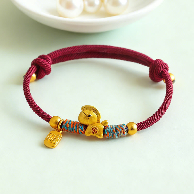 Wear FengShui 999 Sterling Silver Year Of The Horse Fu Character Charm Colorful String Rope Luck Bracelet