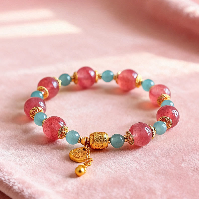 Wear FengShui Natural Strawberry Quartz Moonstone Healing Positive Beads Bracelet