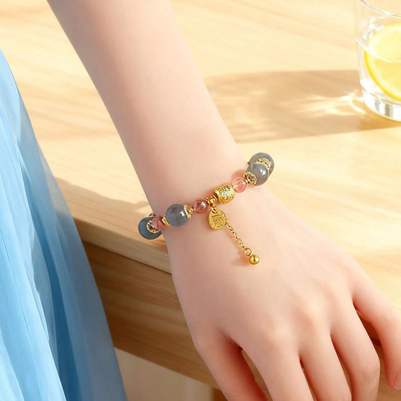 Wear FengShui Natural Strawberry Quartz Moonstone Healing Positive Beads Bracelet