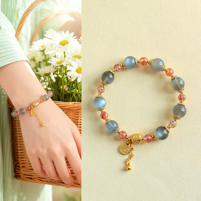 Wear FengShui Natural Strawberry Quartz Moonstone Healing Positive Beads Bracelet