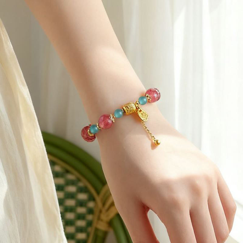Wear FengShui Natural Strawberry Quartz Moonstone Healing Positive Beads Bracelet