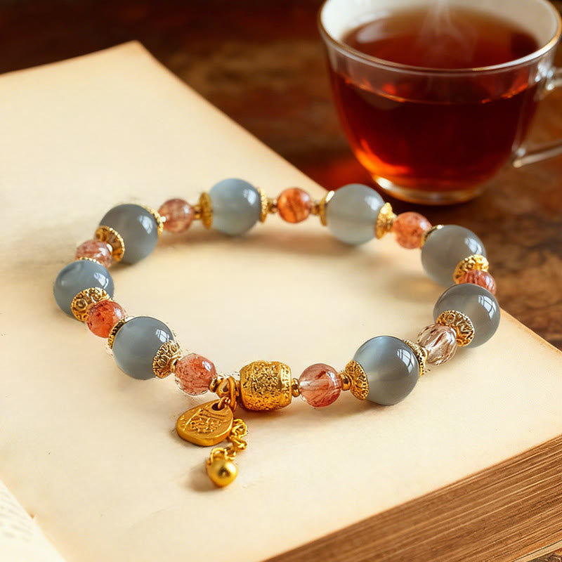 Wear FengShui Natural Strawberry Quartz Moonstone Healing Positive Beads Bracelet
