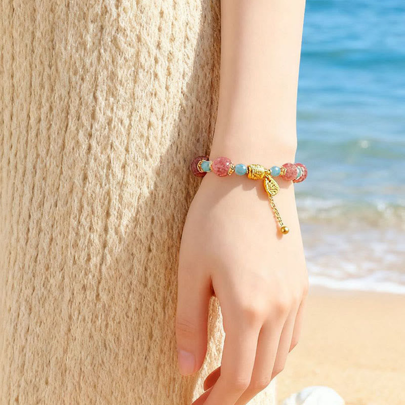 Wear FengShui Natural Strawberry Quartz Moonstone Healing Positive Beads Bracelet