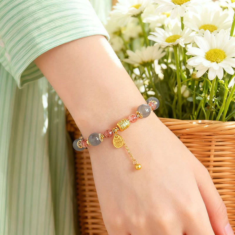 Wear FengShui Natural Strawberry Quartz Moonstone Healing Positive Beads Bracelet